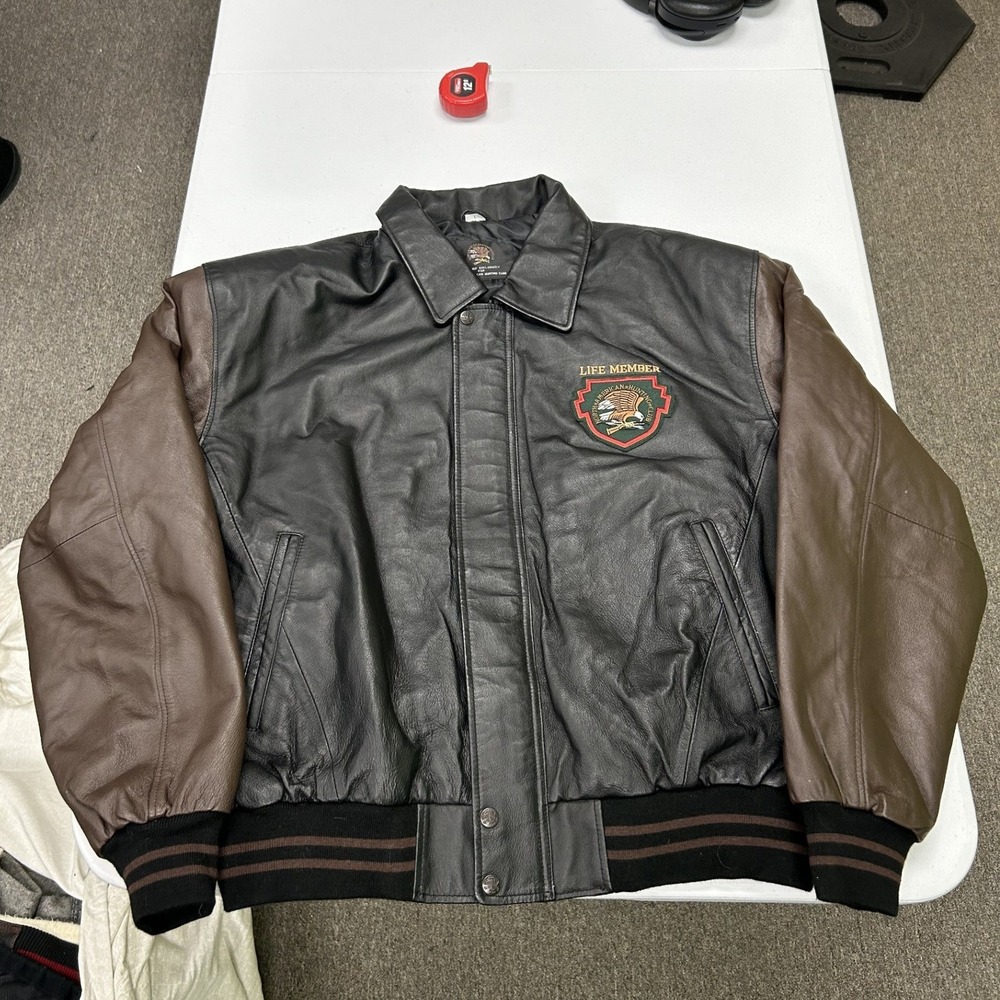 NAHC Leather Bomber Jacket Mens Large Black Brown Life Member Wildlife Patch